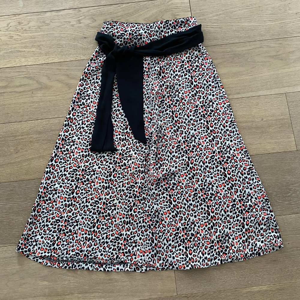 Zara Leopard Midi Skirt with Black Sash (XS)
